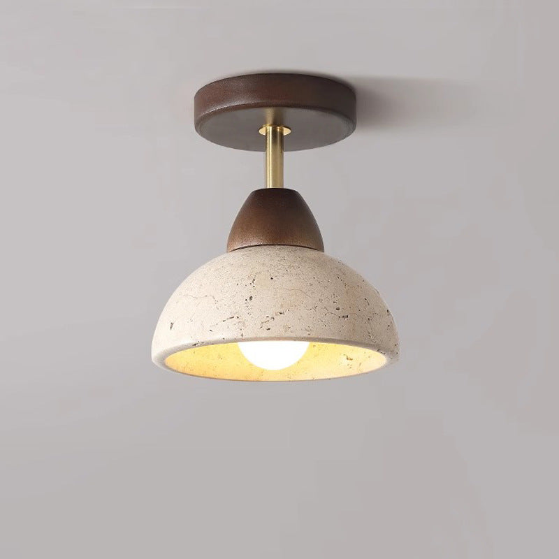 Traditional Japanese Round Cylinder Bowl Light - Yellow Travertine & Rubberwood Semi-Flush Mount 1-Light for Bedroom