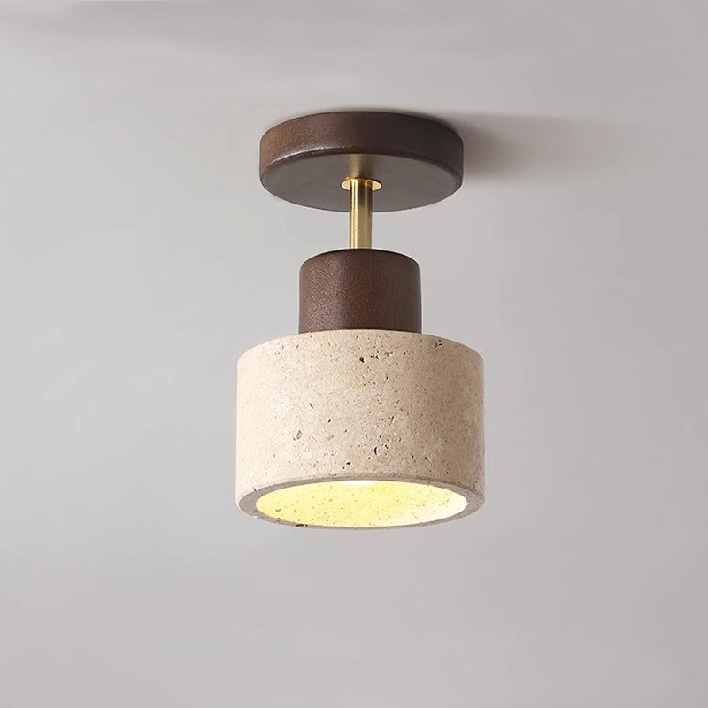 Traditional Japanese Round Cylinder Bowl Light - Yellow Travertine & Rubberwood Semi-Flush Mount 1-Light for Bedroom
