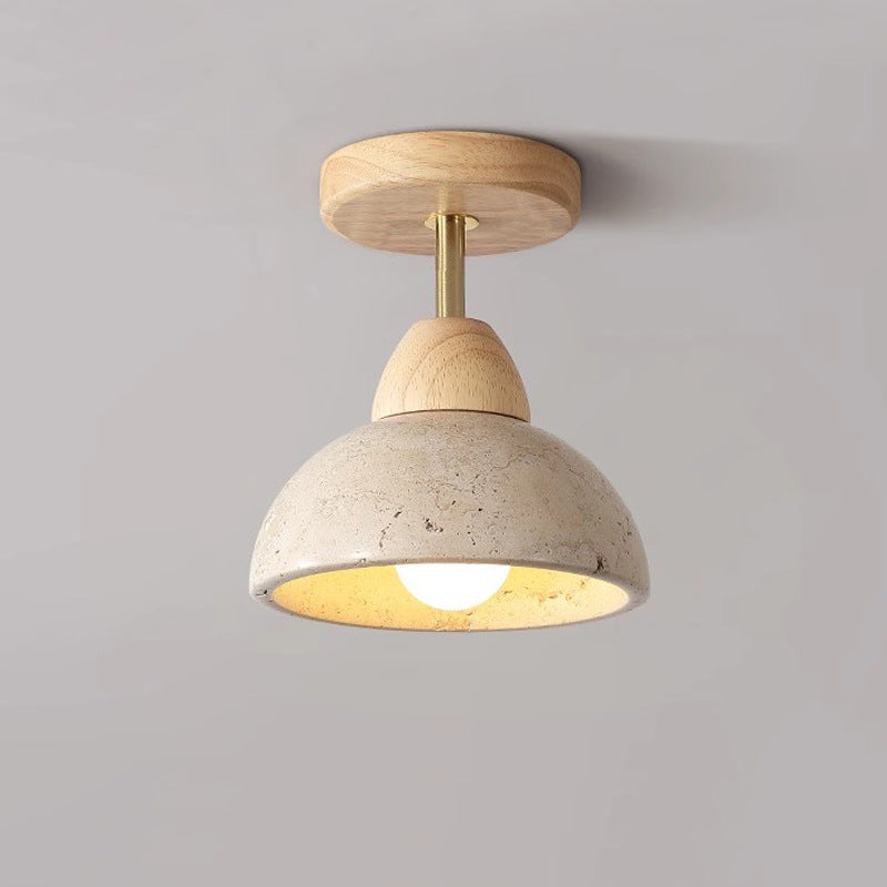 Traditional Japanese Round Cylinder Bowl Light - Yellow Travertine & Rubberwood Semi-Flush Mount 1-Light for Bedroom