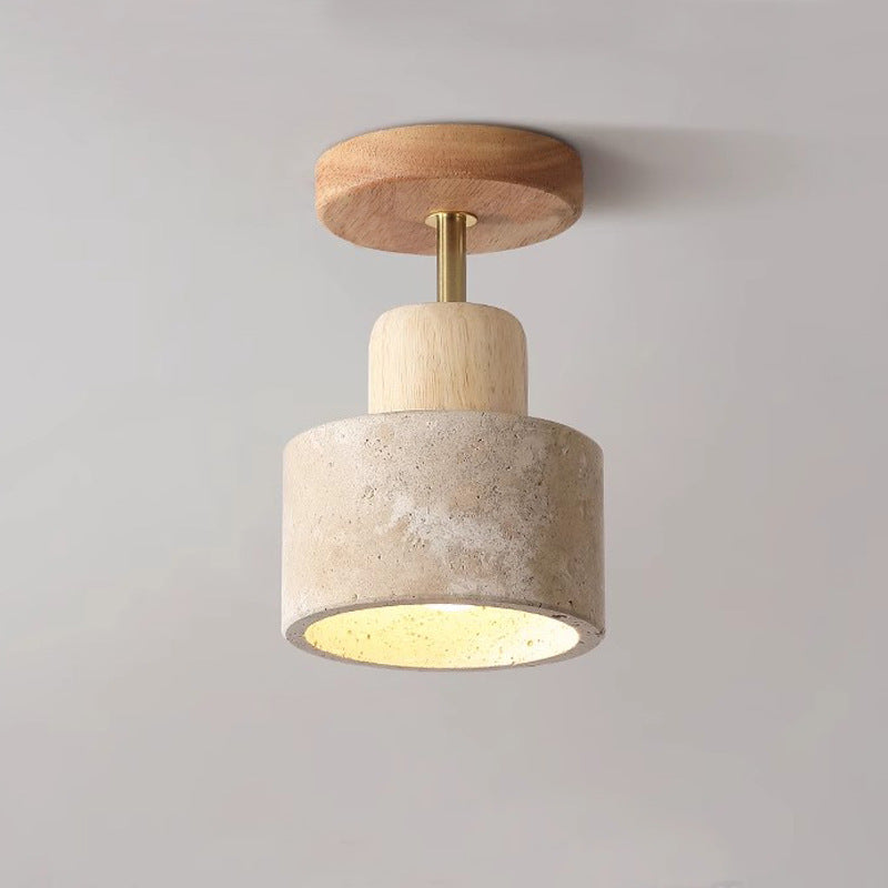 Traditional Japanese Round Cylinder Bowl Light - Yellow Travertine & Rubberwood Semi-Flush Mount 1-Light for Bedroom