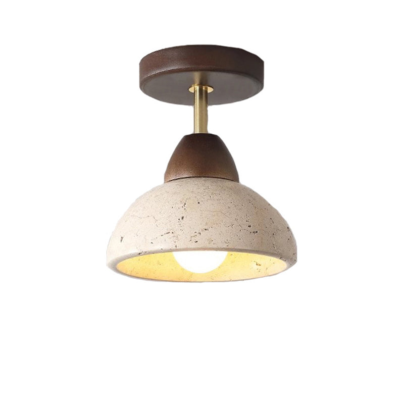 Traditional Japanese Round Cylinder Bowl Light - Yellow Travertine & Rubberwood Semi-Flush Mount 1-Light for Bedroom