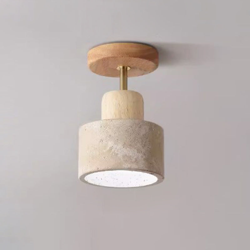 Traditional Japanese Round Cylinder Bowl Light - Yellow Travertine & Rubberwood Semi-Flush Mount 1-Light for Bedroom