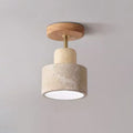 Traditional Japanese Round Cylinder Bowl Light - Yellow Travertine & Rubberwood Semi-Flush Mount 1-Light for Bedroom