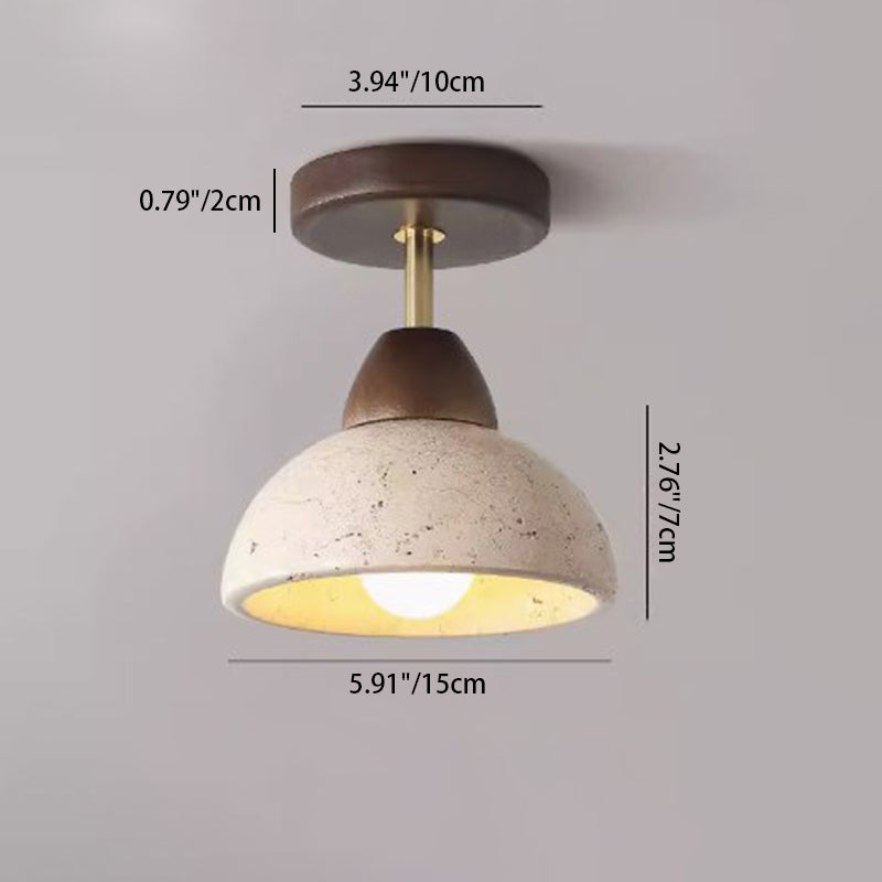 Traditional Japanese Round Cylinder Bowl Light - Yellow Travertine & Rubberwood Semi-Flush Mount 1-Light for Bedroom