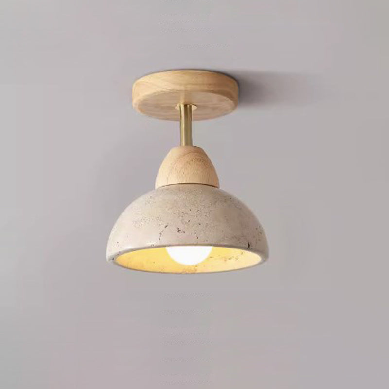 Traditional Japanese Round Cylinder Bowl Light - Yellow Travertine & Rubberwood Semi-Flush Mount 1-Light for Bedroom