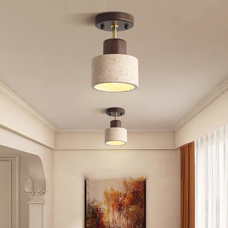 Traditional Japanese Round Cylinder Bowl Light - Yellow Travertine & Rubberwood Semi-Flush Mount 1-Light for Bedroom