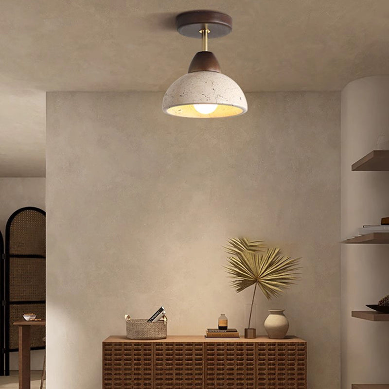 Traditional Japanese Round Cylinder Bowl Light - Yellow Travertine & Rubberwood Semi-Flush Mount 1-Light for Bedroom
