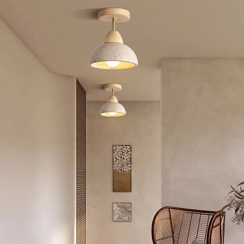 Traditional Japanese Round Cylinder Bowl Light - Yellow Travertine & Rubberwood Semi-Flush Mount 1-Light for Bedroom