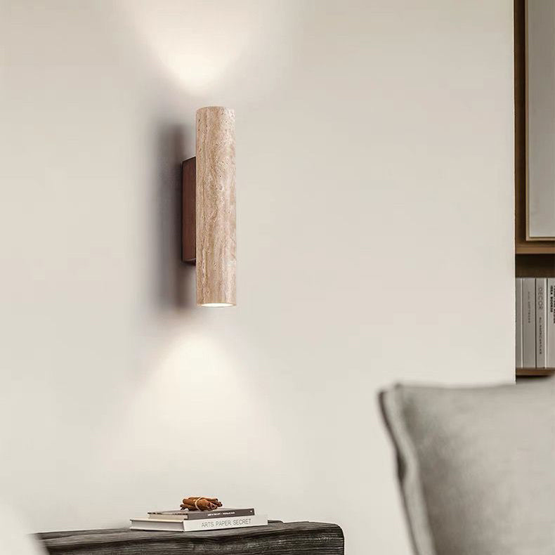 Contemporary Scandinavian Yellow Travertine Wood Wall Sconce 2-Light Lamp