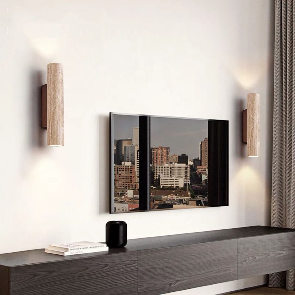 Contemporary Scandinavian Yellow Travertine Wood Wall Sconce 2-Light Lamp