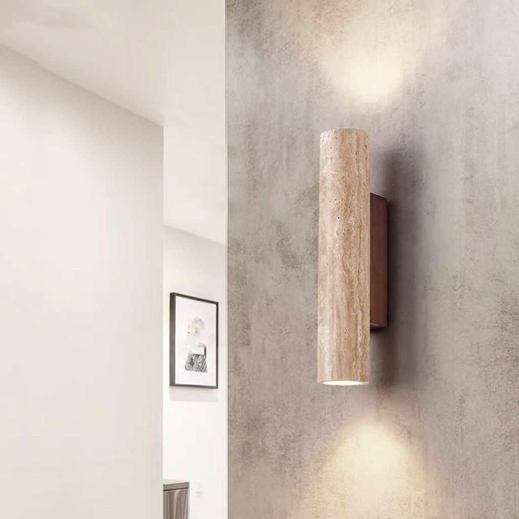 Contemporary Scandinavian Yellow Travertine Wood 2-Light Wall Sconce Lamp for Living Room