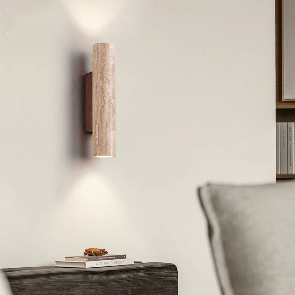 Contemporary Scandinavian Yellow Travertine Wood Wall Sconce 2-Light Lamp
