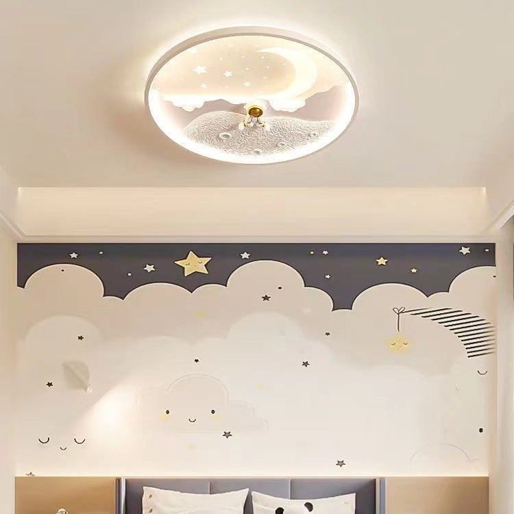 Modern Minimalist Kids Astronaut Planet Round Acrylic Resin Iron LED Flush Mount Ceiling Light for Bedroom, Children's Room Lighting, Space Theme Decor, Starry Night Ceiling Fixture, Child's Bedroom Accessories, Unique Kids Light, Astronaut Room Decoratio