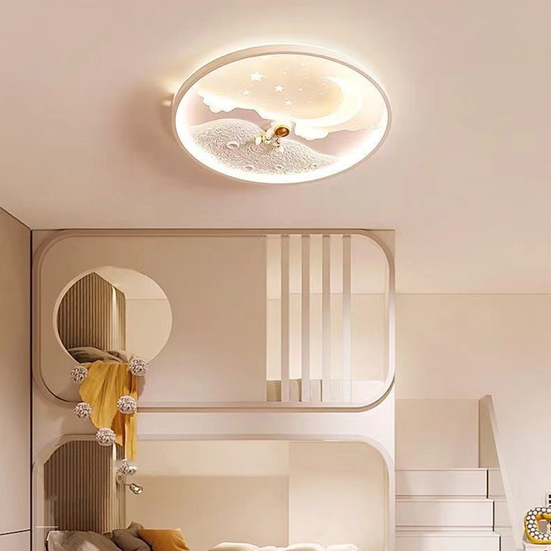 Modern Minimalist Kids Astronaut Planet Round Acrylic Resin Iron LED Flush Mount Ceiling Light for Bedroom, Children's Room Lighting, Space Theme Decor, Starry Night Ceiling Fixture, Child's Bedroom Accessories, Unique Kids Light, Astronaut Room Decoratio