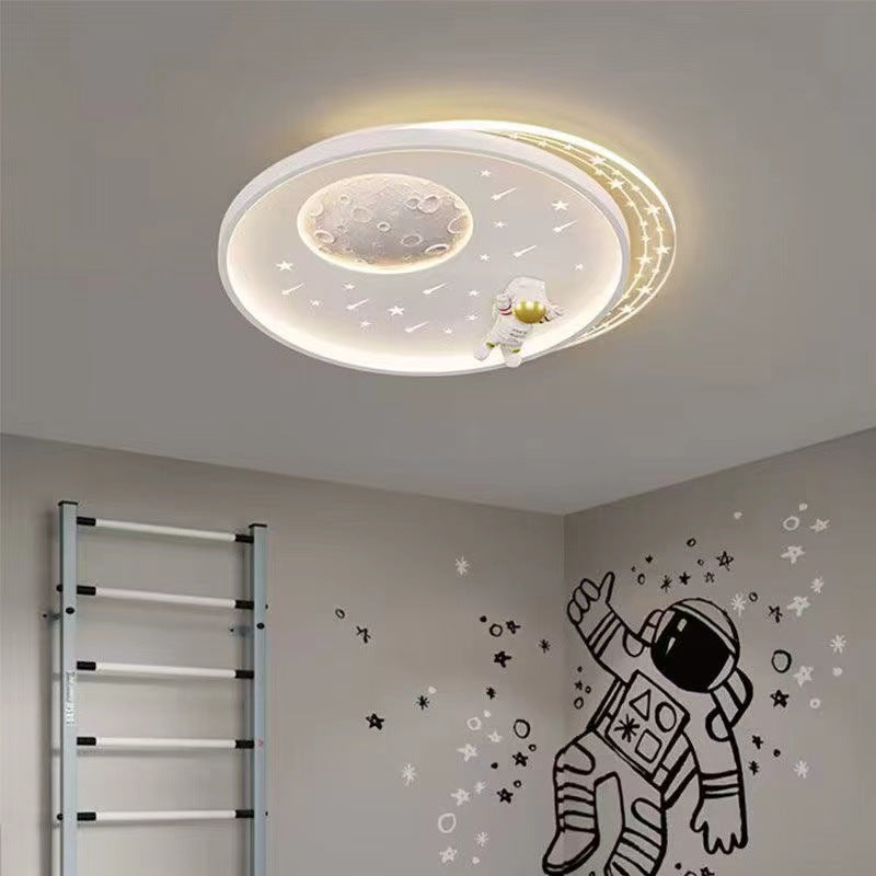 Modern Minimalist Kids Astronaut Planet Round Acrylic Resin Iron LED Flush Mount Ceiling Light for Bedroom, Children's Room Lighting, Space Theme Decor, Starry Night Ceiling Fixture, Child's Bedroom Accessories, Unique Kids Light, Astronaut Room Decoratio