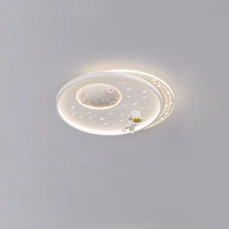 Modern Minimalist Kids Astronaut Planet Round Acrylic Resin Iron LED Flush Mount Ceiling Light for Bedroom, Children's Room Lighting, Space Theme Decor, Starry Night Ceiling Fixture, Child's Bedroom Accessories, Unique Kids Light, Astronaut Room Decoratio
