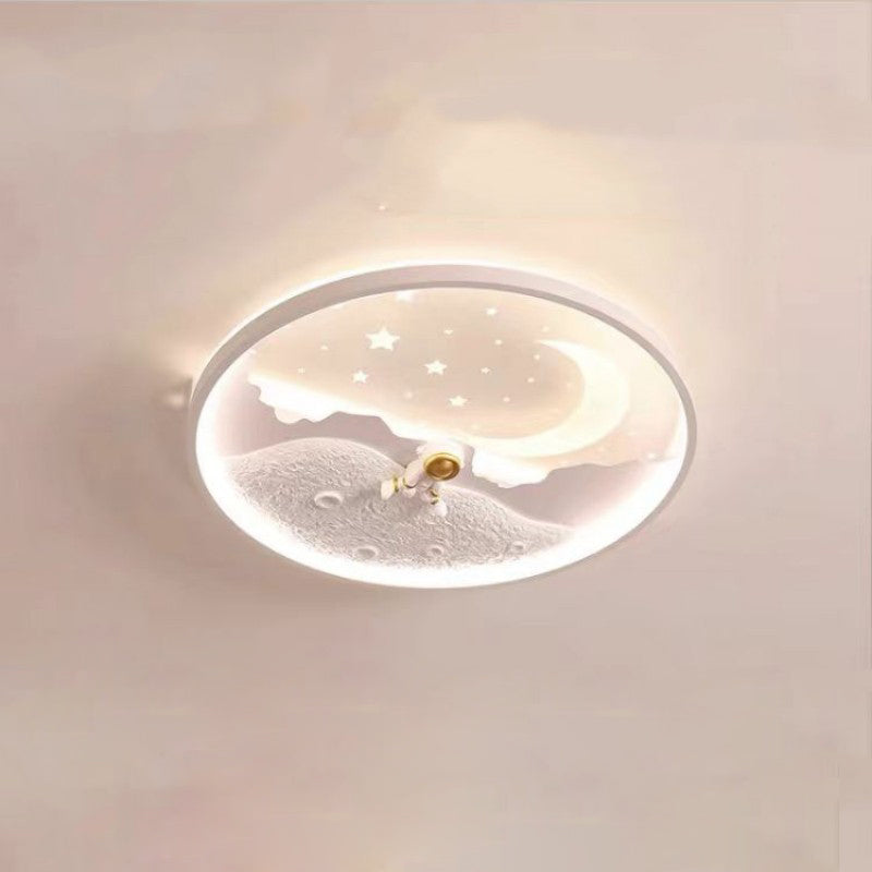 Modern Minimalist Kids Astronaut Planet Round Acrylic Resin Iron LED Flush Mount Ceiling Light for Bedroom, Children's Room Lighting, Space Theme Decor, Starry Night Ceiling Fixture, Child's Bedroom Accessories, Unique Kids Light, Astronaut Room Decoratio