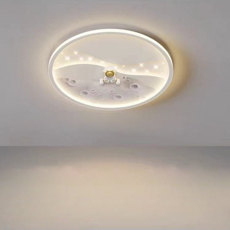 Modern Minimalist Kids Astronaut Planet Round Acrylic Resin Iron LED Flush Mount Ceiling Light for Bedroom, Children's Room Lighting, Space Theme Decor, Starry Night Ceiling Fixture, Child's Bedroom Accessories, Unique Kids Light, Astronaut Room Decoratio