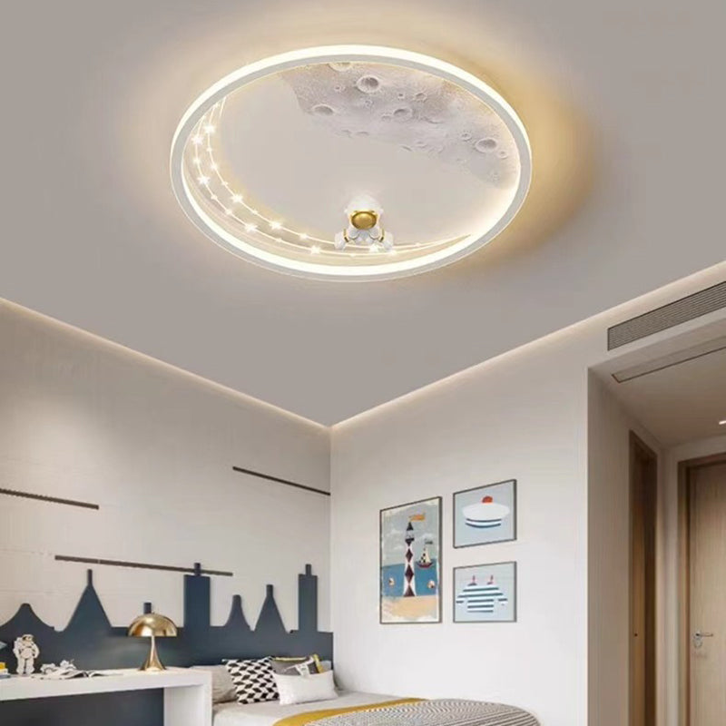 Modern Minimalist Kids Astronaut Planet Round Acrylic Resin Iron LED Flush Mount Ceiling Light for Bedroom, Children's Room Lighting, Space Theme Decor, Starry Night Ceiling Fixture, Child's Bedroom Accessories, Unique Kids Light, Astronaut Room Decoratio