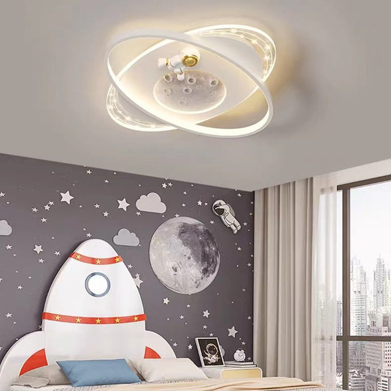 Modern Minimalist Kids Astronaut Planet Round Acrylic Resin Iron LED Flush Mount Ceiling Light for Bedroom, Children's Room Lighting, Space Theme Decor, Starry Night Ceiling Fixture, Child's Bedroom Accessories, Unique Kids Light, Astronaut Room Decoratio