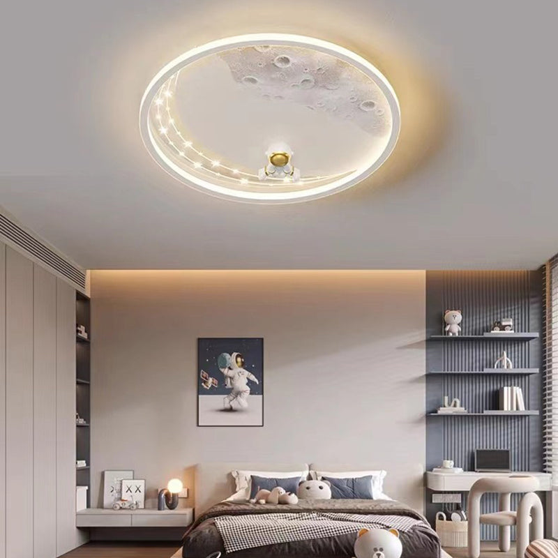 Modern Minimalist Kids Astronaut Planet Round Acrylic Resin Iron LED Flush Mount Ceiling Light for Bedroom, Children's Room Lighting, Space Theme Decor, Starry Night Ceiling Fixture, Child's Bedroom Accessories, Unique Kids Light, Astronaut Room Decoratio