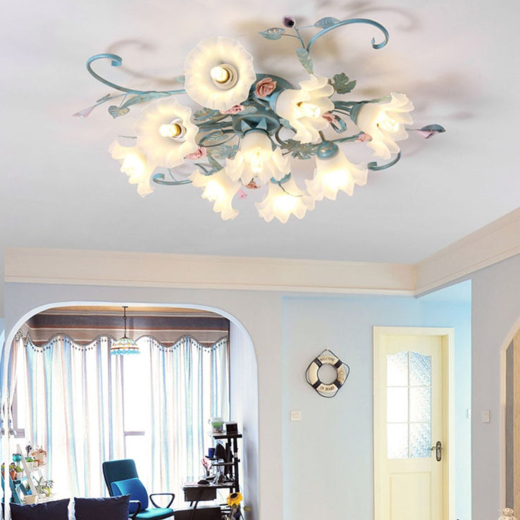Rustic Floral Rose Leaf Iron Semi-Flush Mount Ceiling Light - 4/5/6/9 Light Options for Living Room