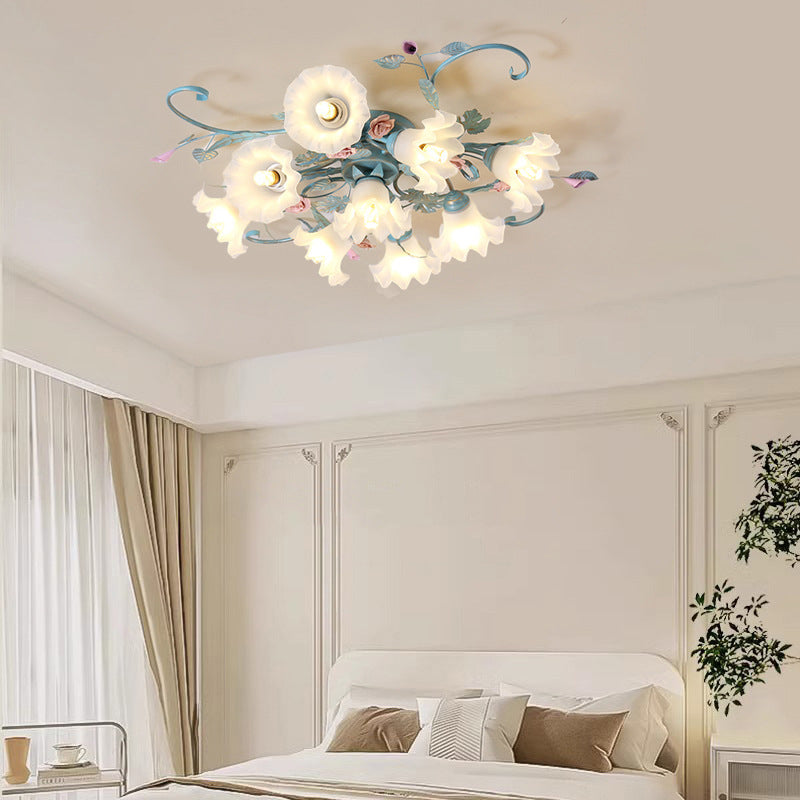 Rustic Floral Rose Leaf Iron Semi-Flush Mount Ceiling Light - 4/5/6/9 Light Options for Living Room
