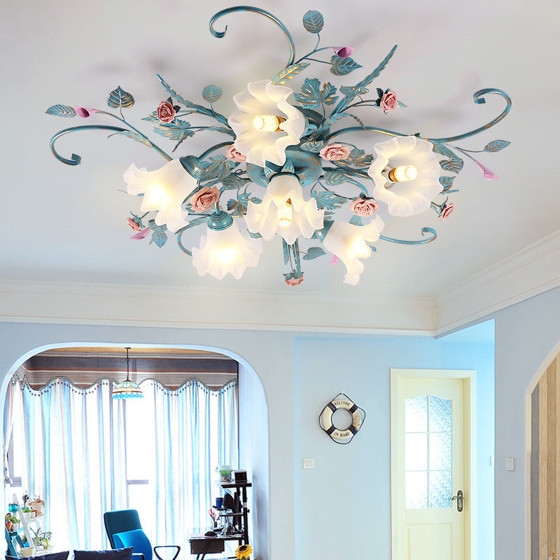 Rustic Floral Rose Leaf Iron Semi-Flush Mount Ceiling Light - 4/5/6/9 Light Options for Living Room