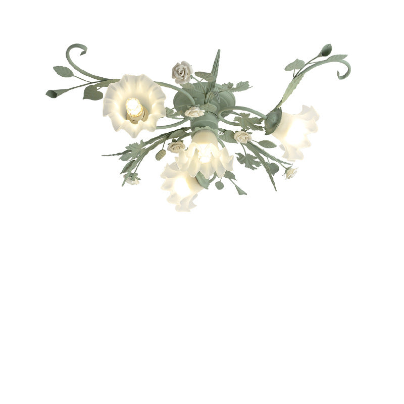 Rustic Floral Rose Leaf Iron Semi-Flush Mount Ceiling Light - 4/5/6/9 Light Options for Living Room