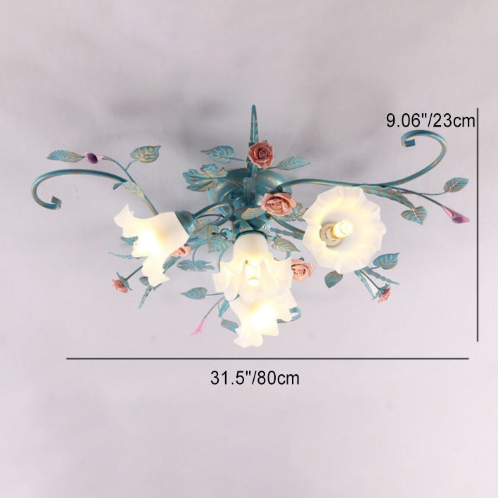 Rustic Floral Rose Leaf Iron Semi-Flush Mount Ceiling Light - 4/5/6/9 Light Options for Living Room