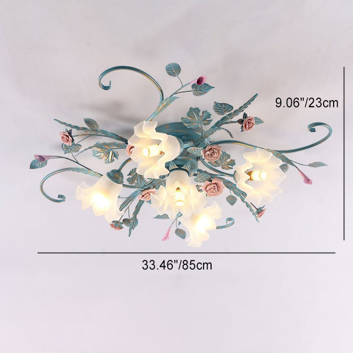 Rustic Floral Rose Leaf Iron Semi-Flush Mount Ceiling Light - 4/5/6/9 Light Options for Living Room