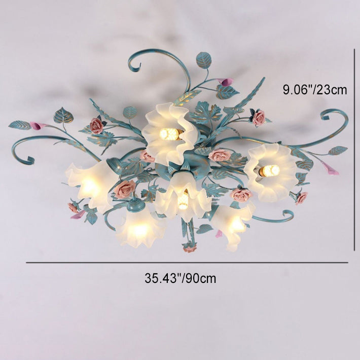 Rustic Floral Rose Leaf Iron Semi-Flush Mount Ceiling Light - 4/5/6/9 Light Options for Living Room