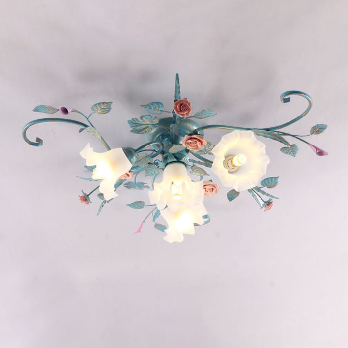 Rustic Floral Rose Leaf Iron Semi-Flush Mount Ceiling Light - 4/5/6/9 Light Options for Living Room