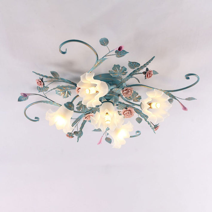 Rustic Floral Rose Leaf Iron Semi-Flush Mount Ceiling Light - 4/5/6/9 Light Options for Living Room