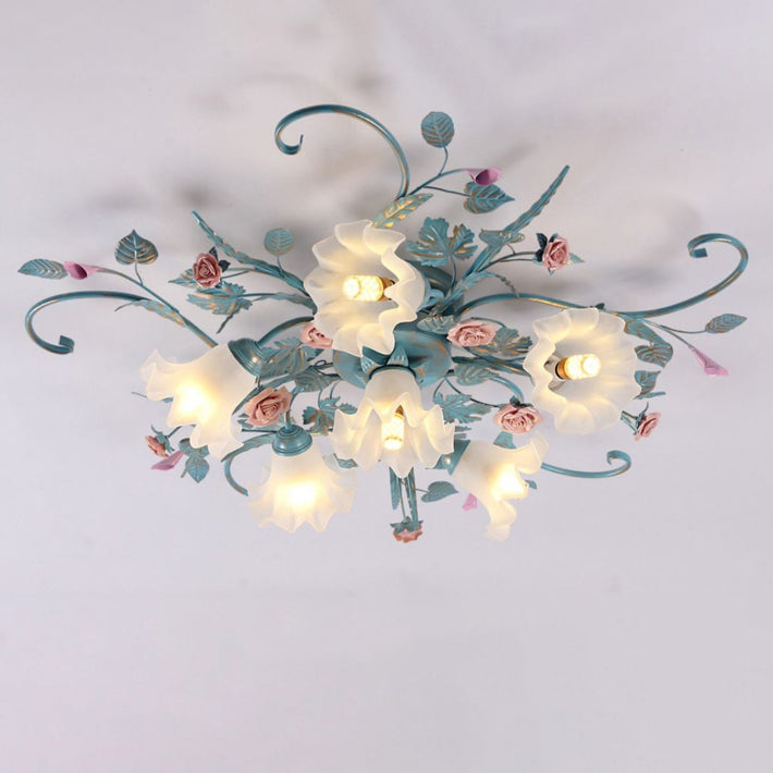 Rustic Floral Rose Leaf Iron Semi-Flush Mount Ceiling Light - 4/5/6/9 Light Options for Living Room
