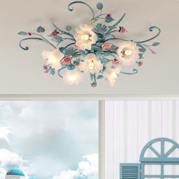 Rustic Floral Rose Leaf Iron Semi-Flush Mount Ceiling Light - 4/5/6/9 Light Options for Living Room