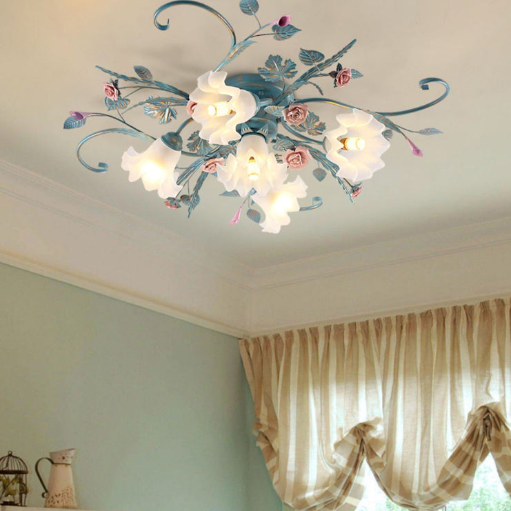 Rustic Floral Rose Leaf Iron Semi-Flush Mount Ceiling Light - 4/5/6/9 Light Options for Living Room