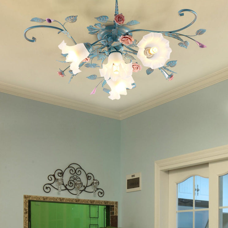 Rustic Floral Rose Leaf Iron Semi-Flush Mount Ceiling Light - 4/5/6/9 Light Options for Living Room