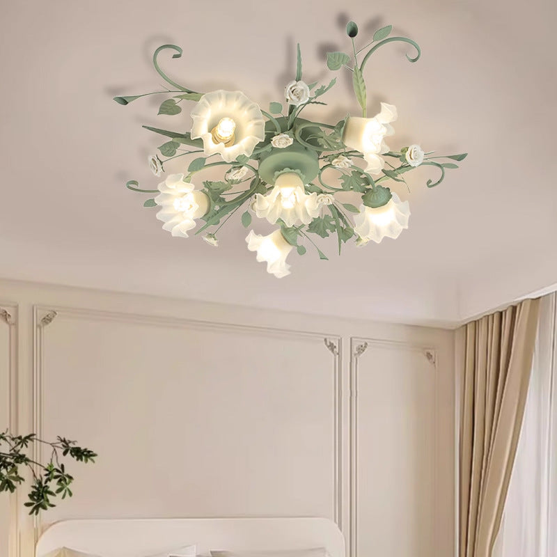 Rustic Floral Rose Leaf Iron Semi-Flush Mount Ceiling Light - 4/5/6/9 Light Options for Living Room