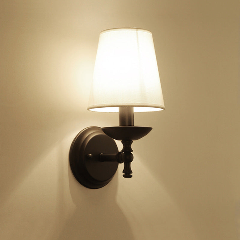 Rustic Fabric Iron 1-Light Wall Sconce for Bedroom - Traditional Round Cylinder Lamp