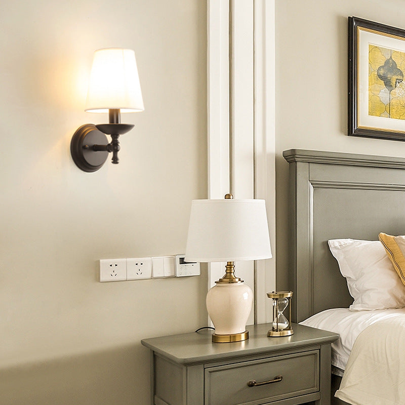 Rustic Fabric Iron 1-Light Wall Sconce for Bedroom - Traditional Round Cylinder Lamp