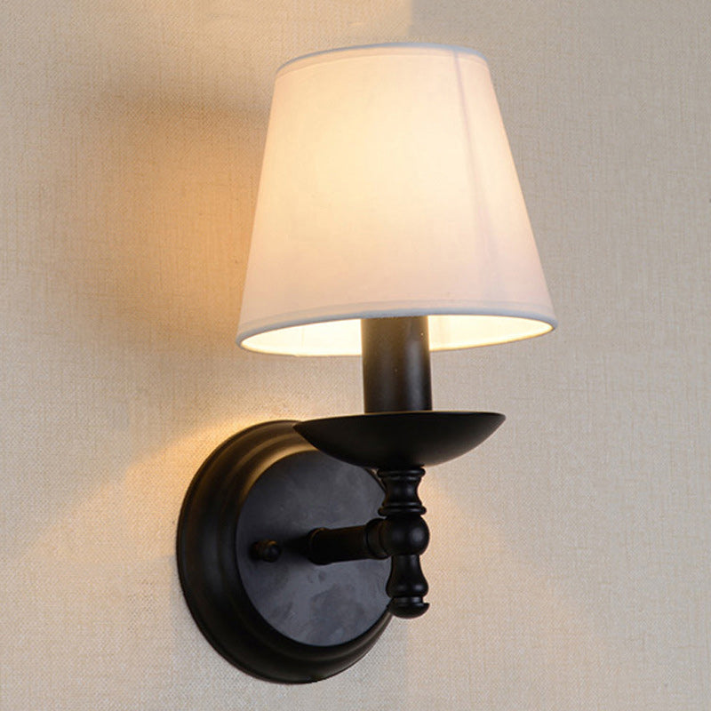 Rustic Fabric Iron 1-Light Wall Sconce for Bedroom - Traditional Round Cylinder Lamp