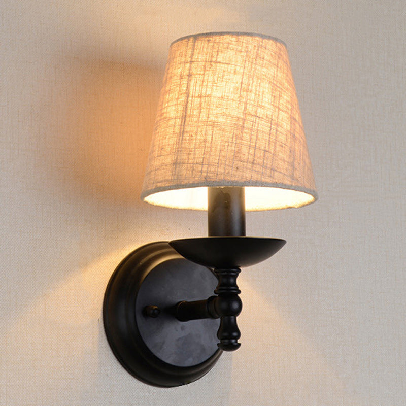 Rustic Fabric Iron 1-Light Wall Sconce for Bedroom - Traditional Round Cylinder Lamp