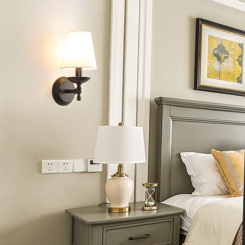 Rustic Fabric Iron 1-Light Wall Sconce for Bedroom - Traditional Round Cylinder Lamp