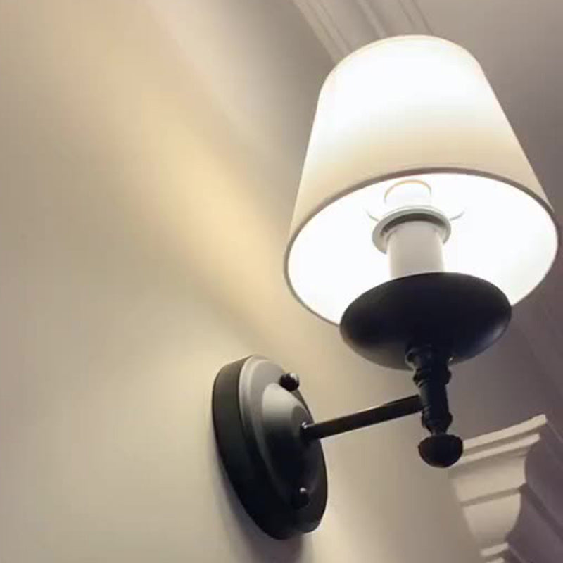 Rustic Fabric Iron 1-Light Wall Sconce for Bedroom - Traditional Round Cylinder Lamp