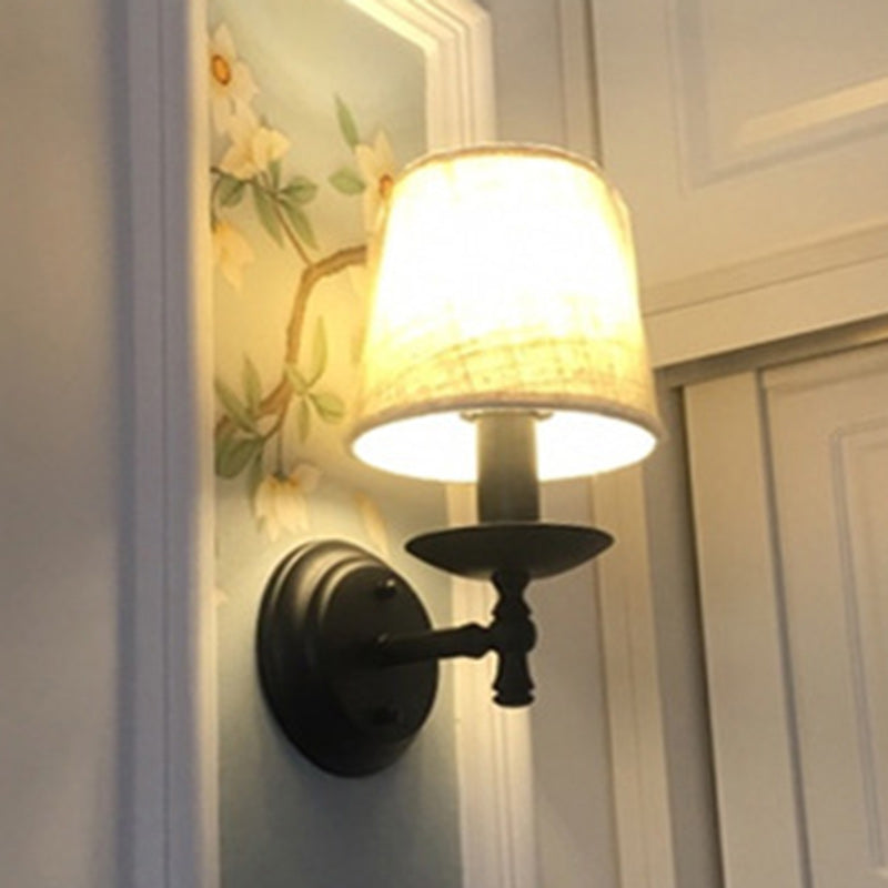 Rustic Fabric Iron 1-Light Wall Sconce for Bedroom - Traditional Round Cylinder Lamp
