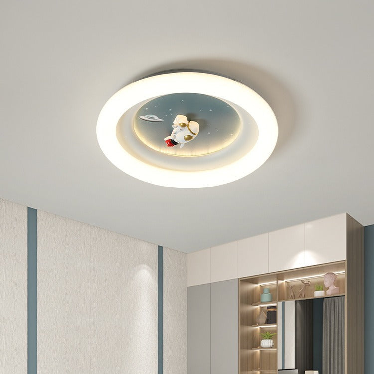 Modern Minimalist Kids Round Astronaut Star PE Iron LED Flush Mount Ceiling Light for Living Room Bedroom Nursery Playroom Decor Astronaut Light Fixtures Children's Room Lighting Outer Space Theme Ceiling Lights