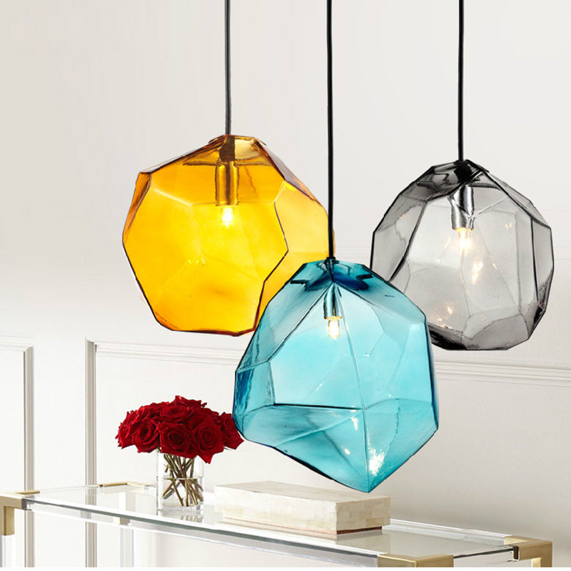 Vintage Irregular Stone Shape Glass Pendant Light for Living Room