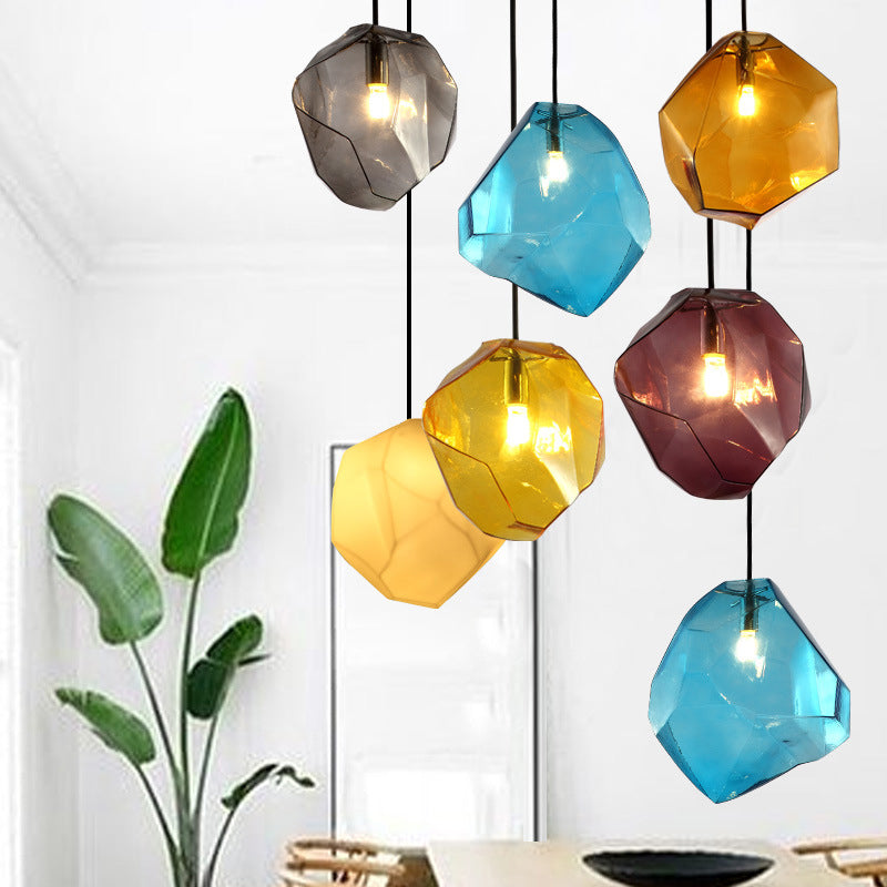 Vintage Irregular Stone Shape Glass Pendant Light for Living Room