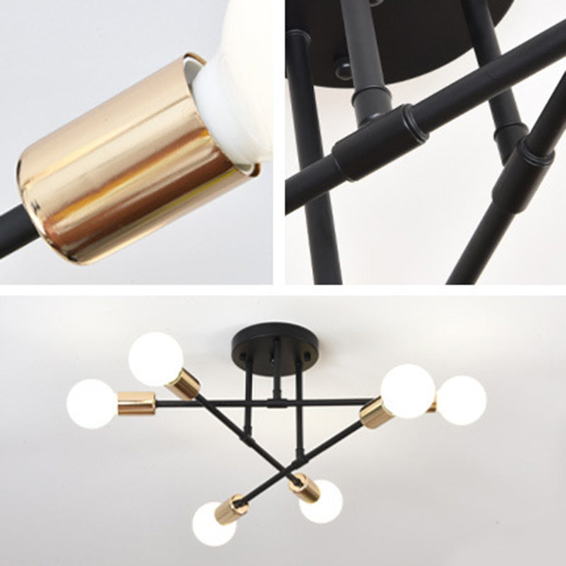 Contemporary Nordic Cross Cylinder Iron 6-Light Semi-Flush Mount Ceiling Light